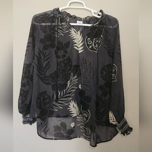Cabi Aloha Sheer Tropical Long Sleeve Blouse Top Size Large